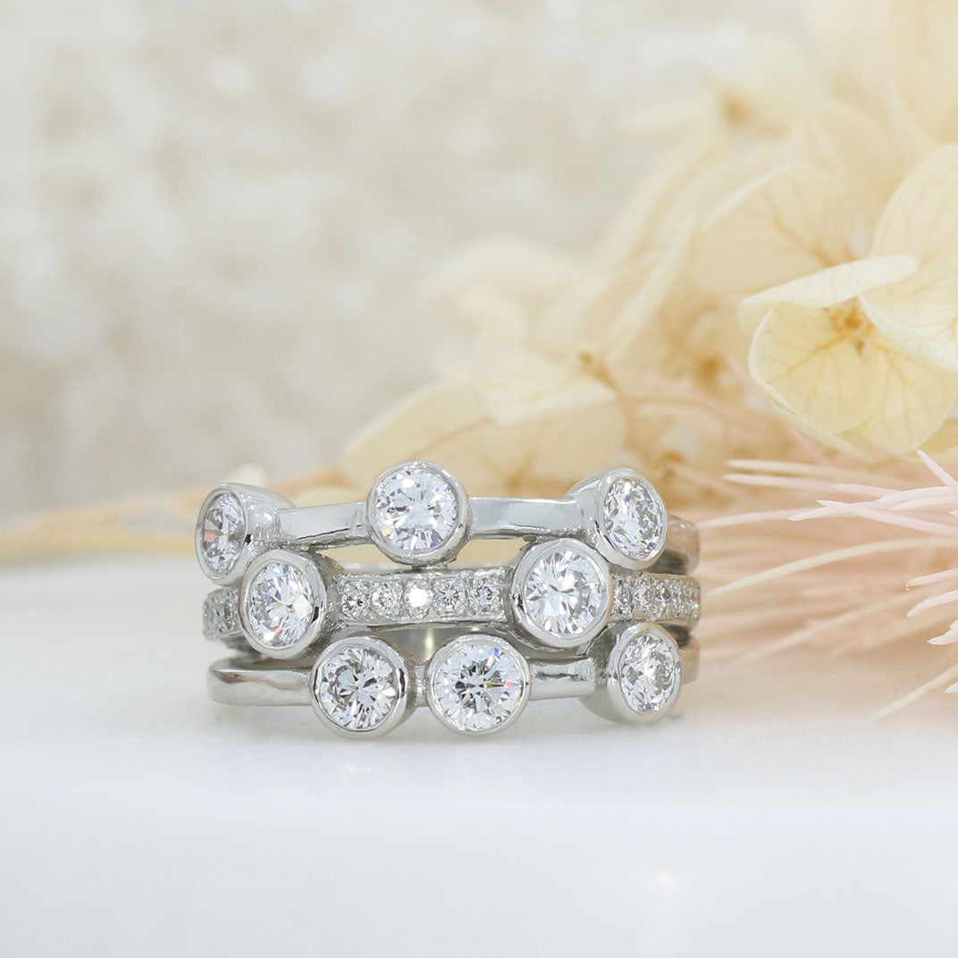 Platinum 3 Row Lab Grown Bubble Ring with Middle Row Pave Set 1.47ct