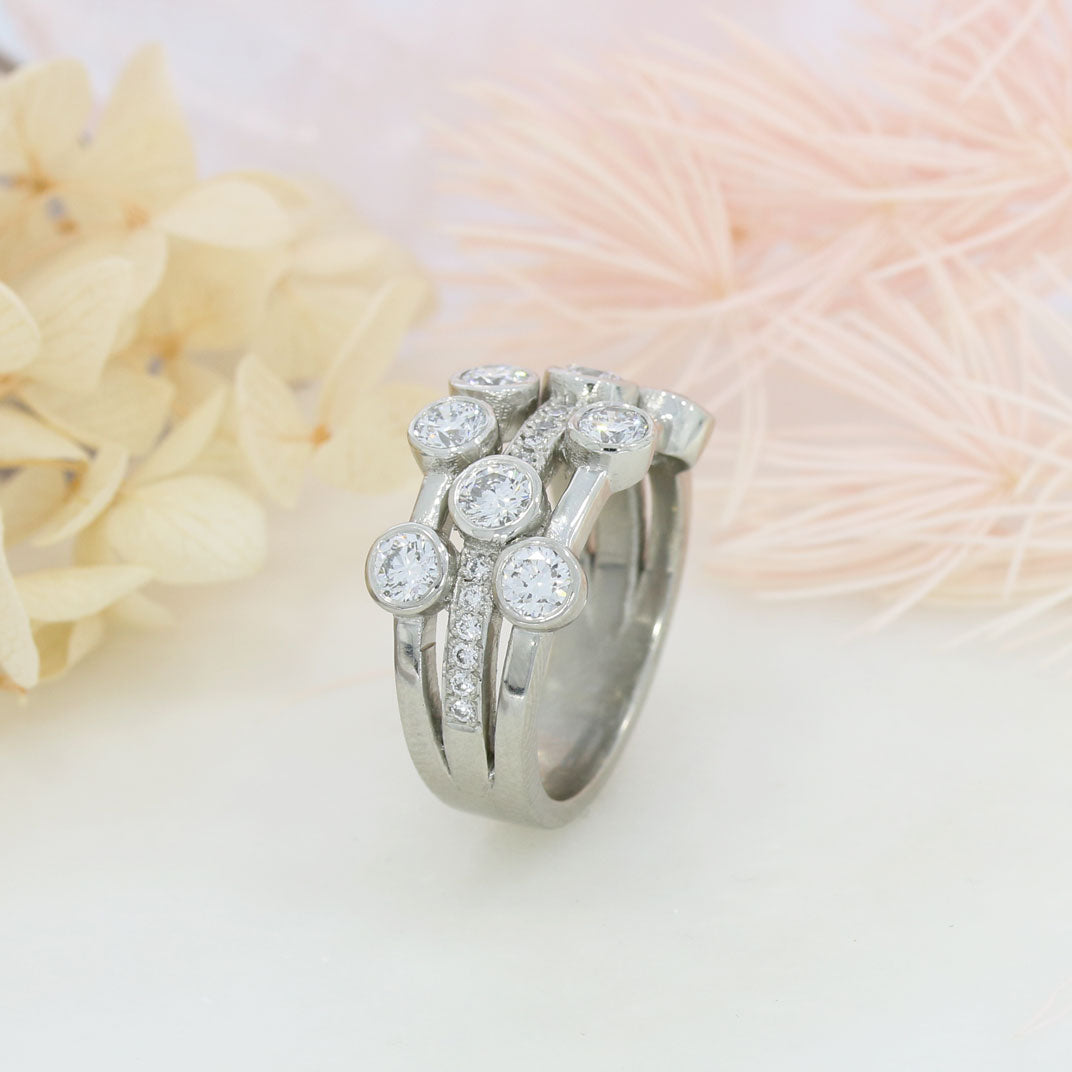 Platinum 3 Row Lab Grown Bubble Ring with Middle Row Pave Set 1.47ct