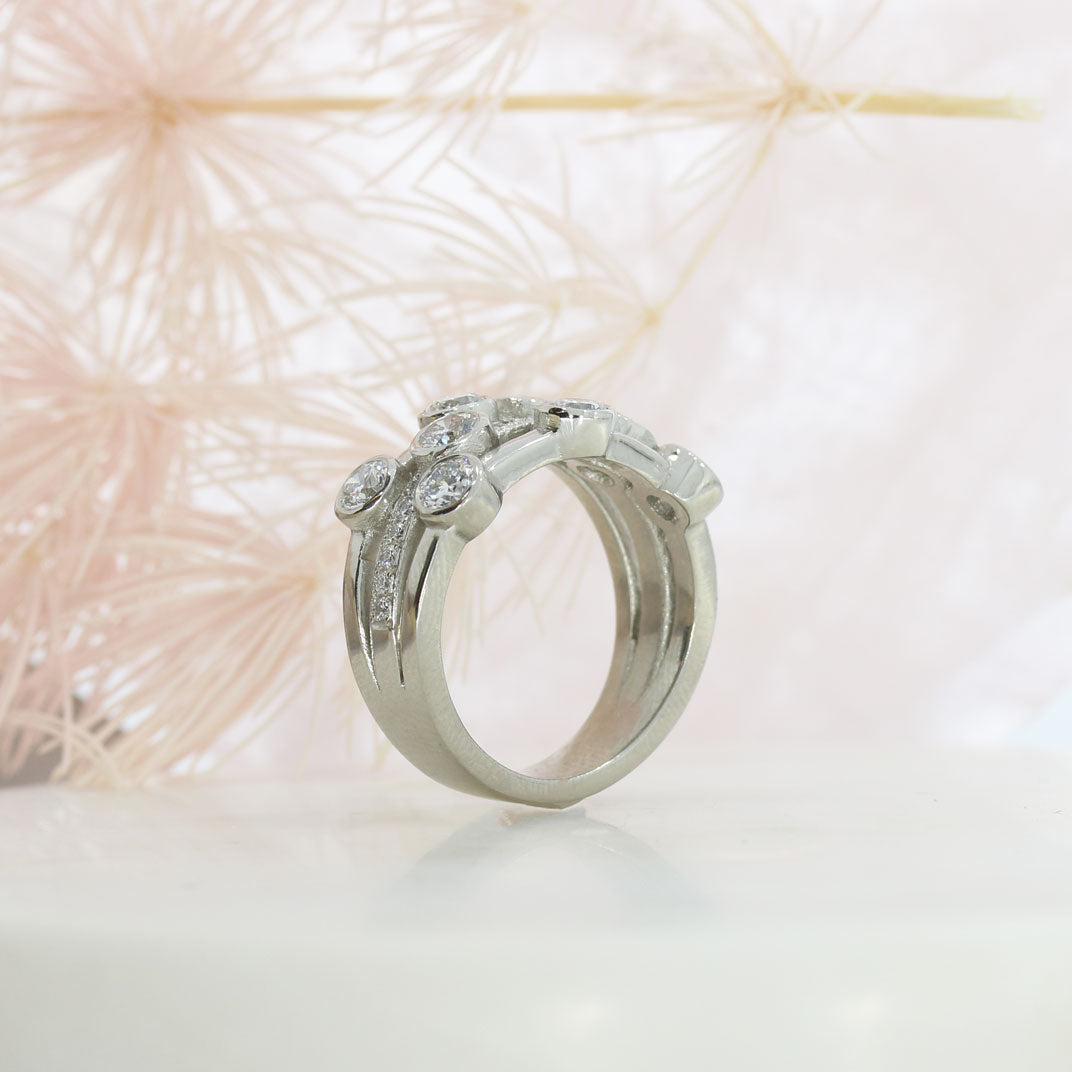 Platinum 3 Row Lab Grown Bubble Ring with Middle Row Pave Set 1.47ct