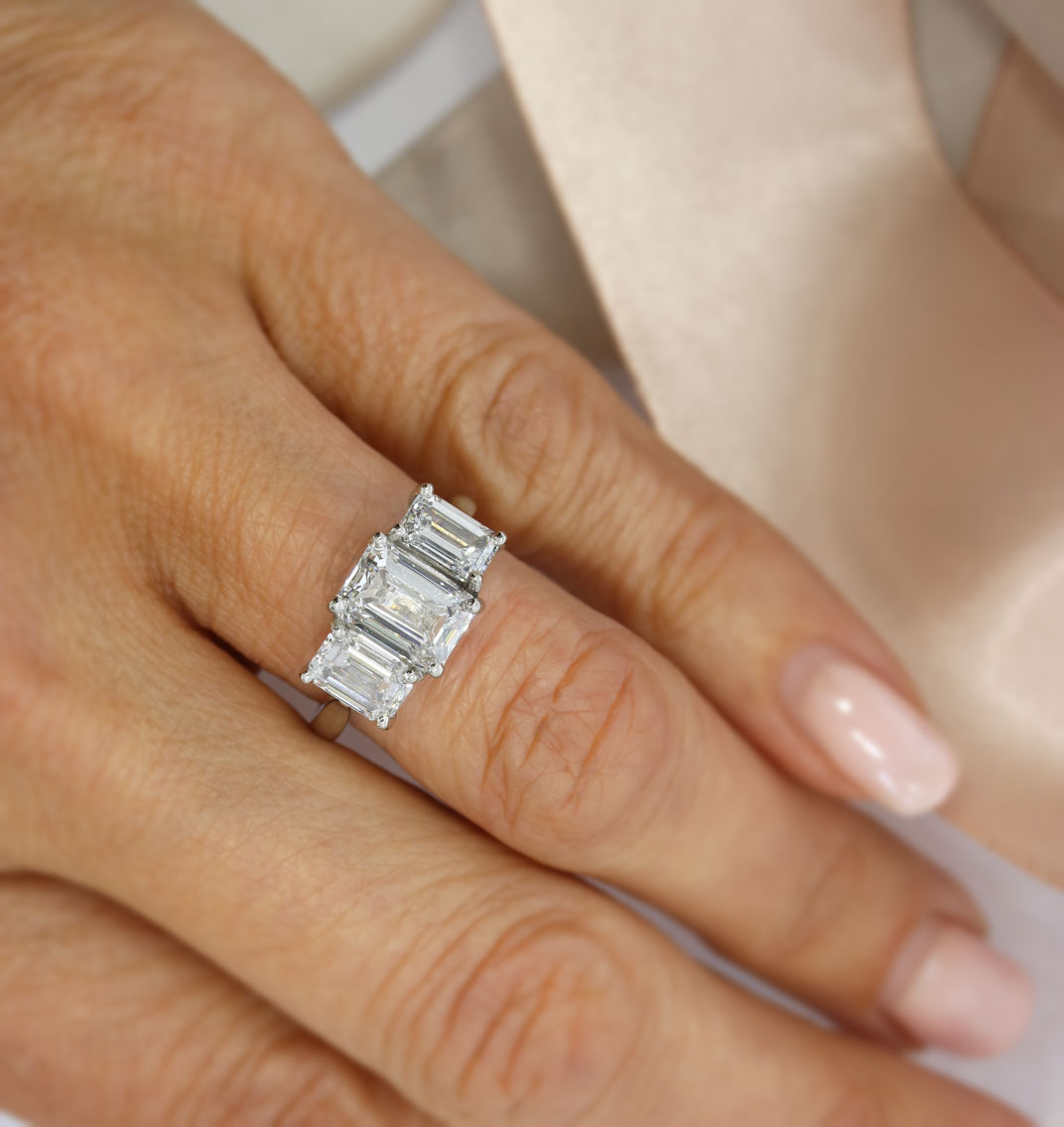 Platinum Certified Claw Set Emerald Cut Lab Grown 3 Stone Ring Total 4.50ct D-F VVS-VS