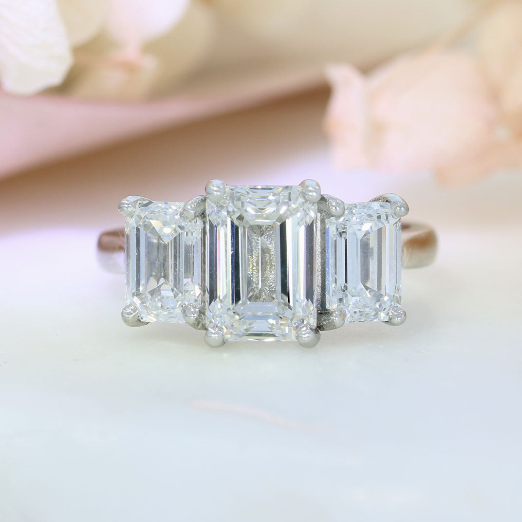 Platinum Certified Claw Set Emerald Cut Lab Grown 3 Stone Ring Total 4.50ct D-F VVS-VS