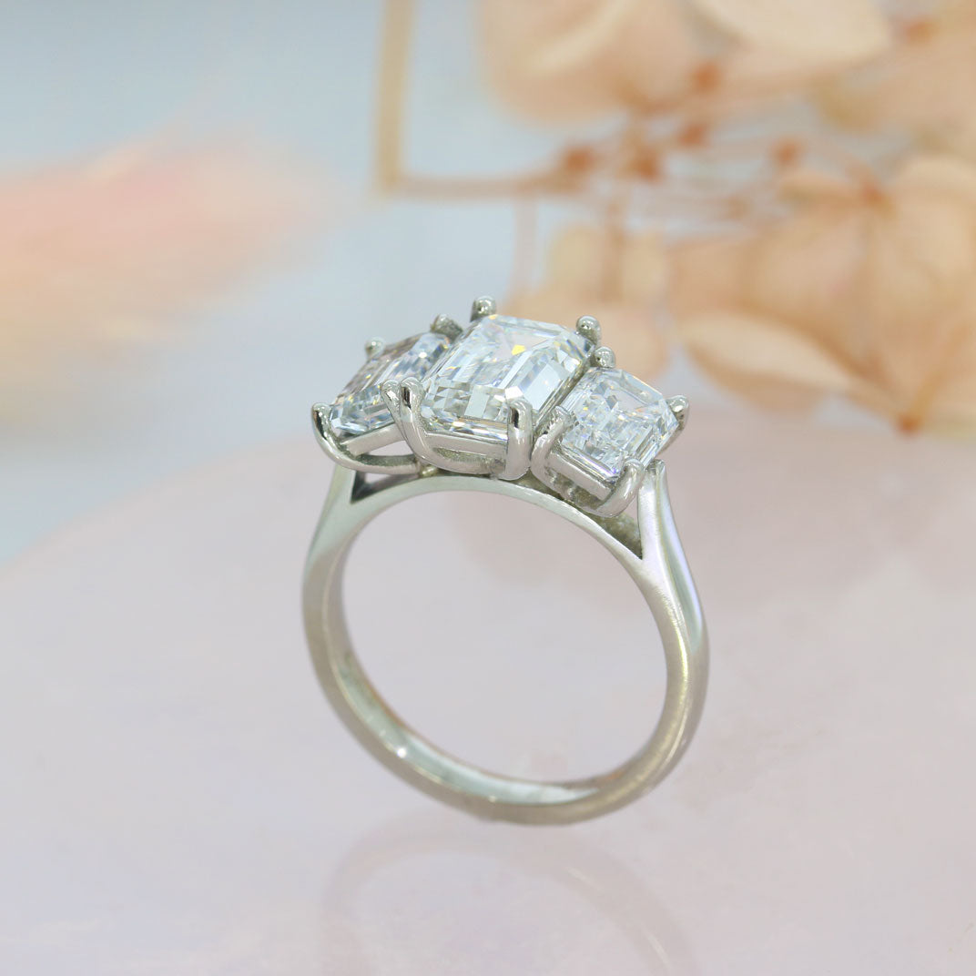 Platinum Certified Claw Set Emerald Cut Lab Grown 3 Stone Ring Total 4.50ct D-F VVS-VS