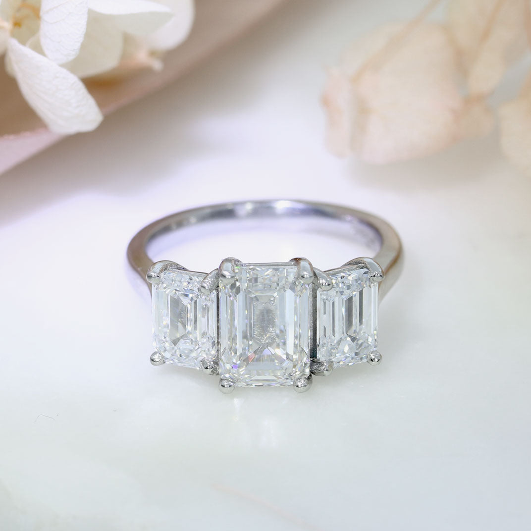Platinum Certified Claw Set Emerald Cut Lab Grown 3 Stone Ring Total 4.50ct D-F VVS-VS