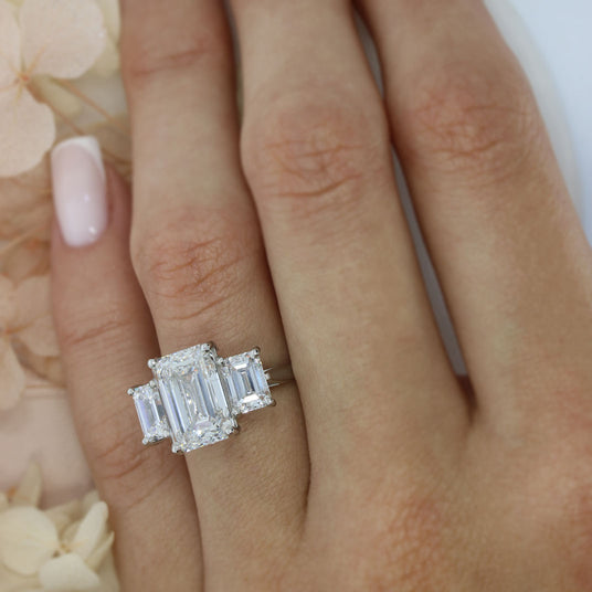 Platinum Certified Emerald Cut Lab Grown 3 Stone Ring Total 7.02ct D-F VVS-VS