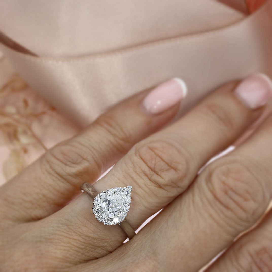 Platinum Lab Grown Pear Shape Diamond Halo Cluster Ring Total 1.15ct