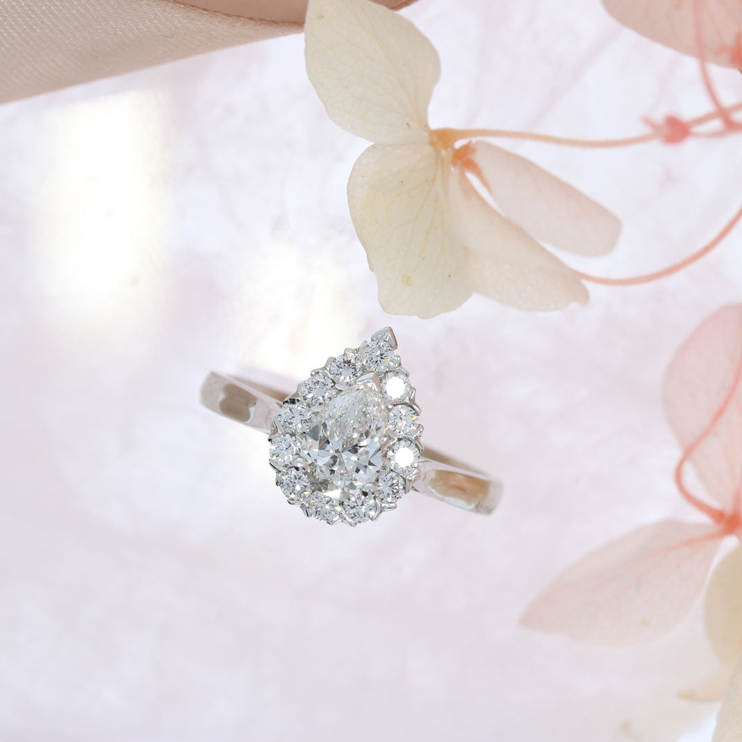 Platinum Lab Grown Pear Shape Diamond Halo Cluster Ring Total 1.15ct