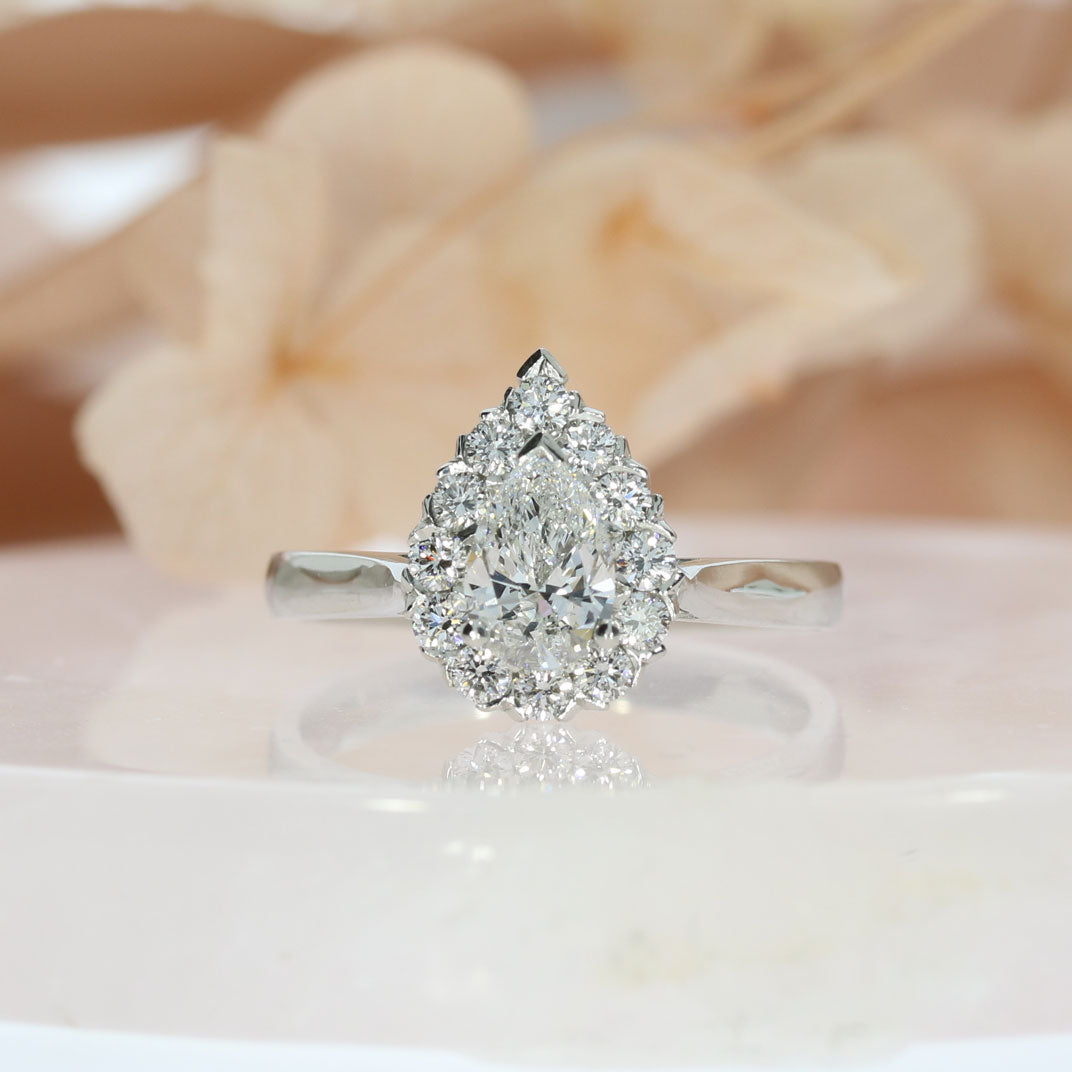Platinum Lab Grown Pear Shape Diamond Halo Cluster Ring Total 1.15ct