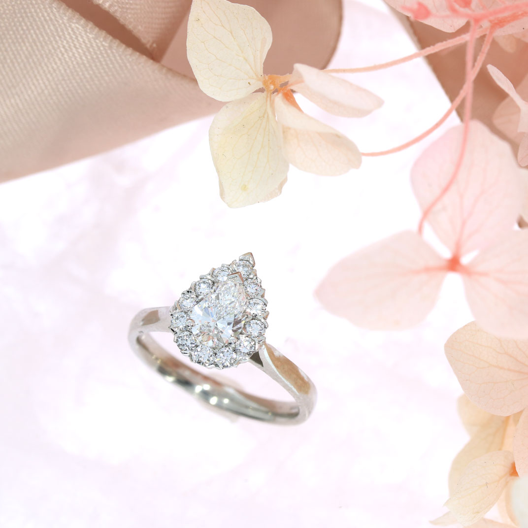 Platinum Lab Grown Pear Shape Diamond Halo Cluster Ring Total 1.15ct