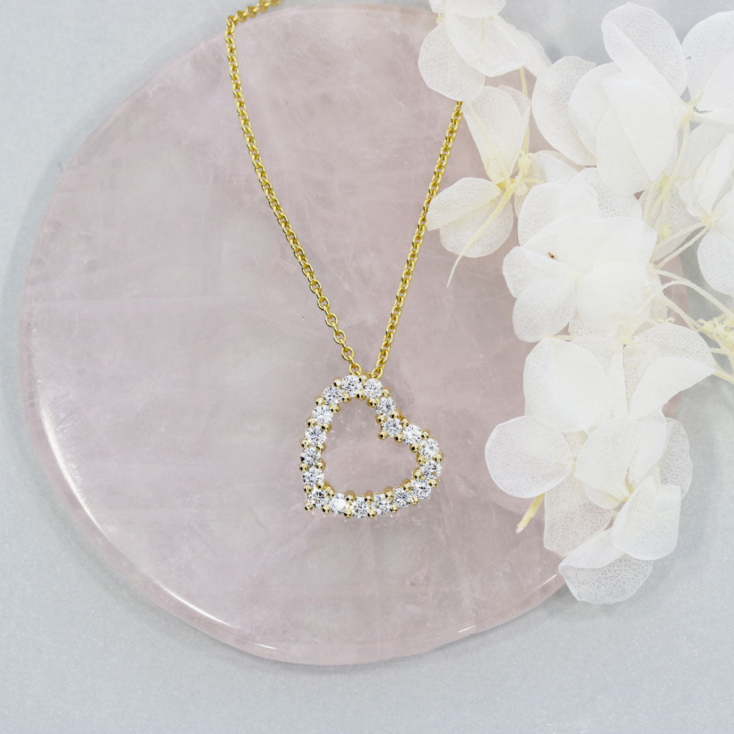 9ct Yellow Gold Open Heart Pendant with Claw Set Lab Grown Diamonds 0.92ct on 9ct Chain