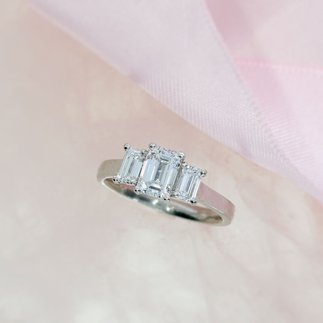 Platinum Emerald Cut Laboratory Grown Diamond Claw Set 3 Stone Ring Approximate 1.67ct