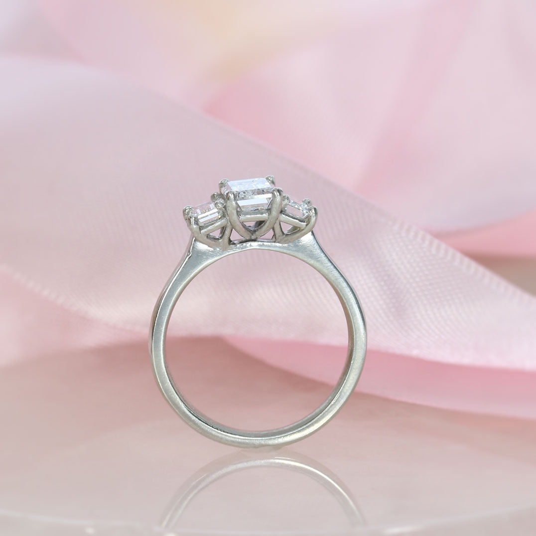 Platinum Emerald Cut Laboratory Grown Diamond Claw Set 3 Stone Ring Approximate 1.67ct