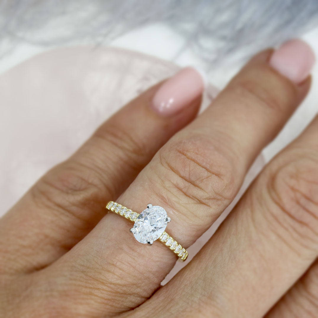 18ct Gold & Platinum Oval Lab Grown Diamond Solitaire with Stone Set Shoulders 1.18ct