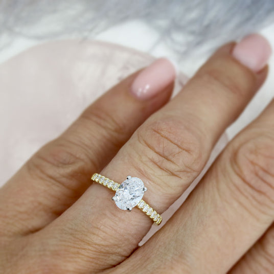 18ct Gold & Platinum Oval Lab Grown Diamond Solitaire with Stone Set Shoulders 1.18ct
