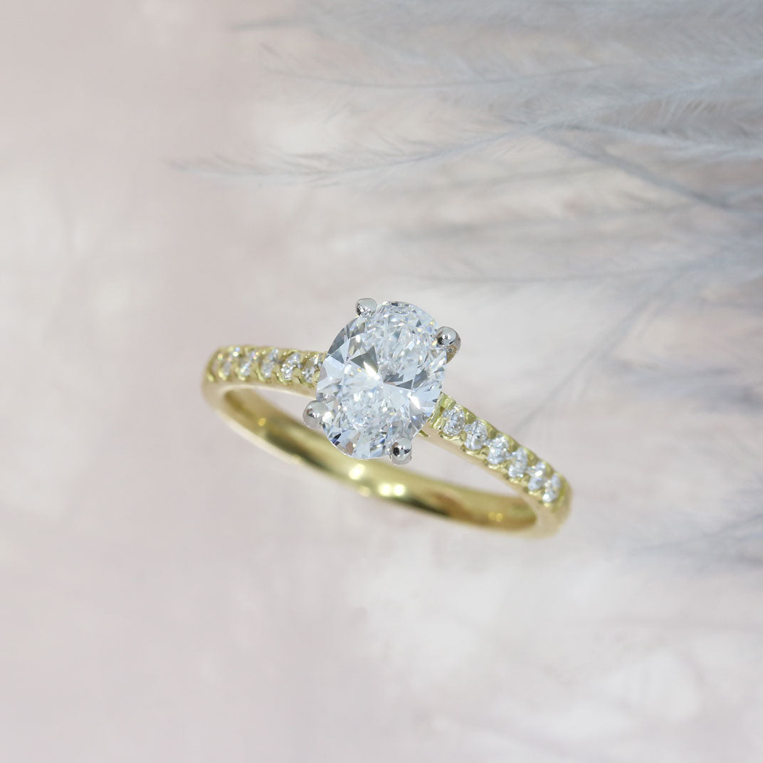 18ct Gold & Platinum Oval Lab Grown Diamond Solitaire with Stone Set Shoulders 1.18ct