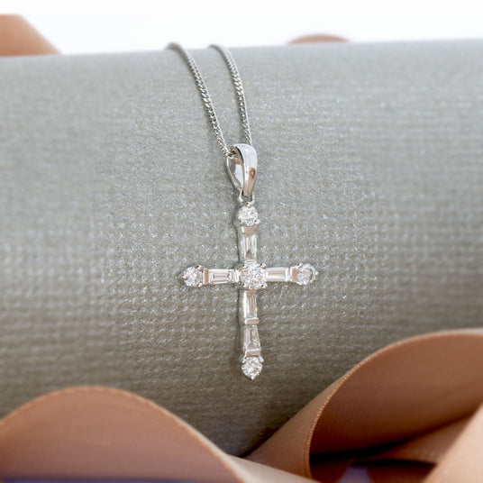 18ct Diamond Set Cross on 9ct 16inch Fine Chain