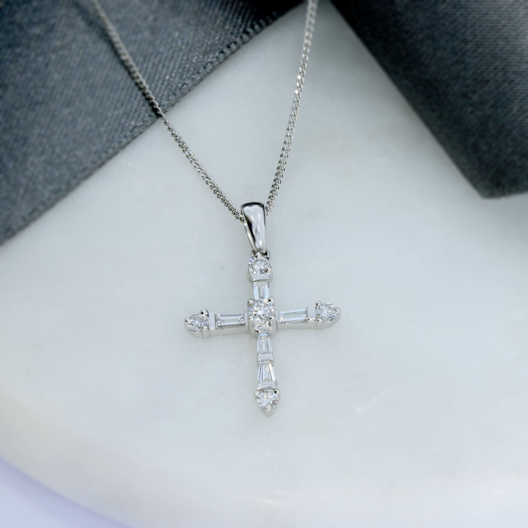 18ct Diamond Set Cross on 9ct 16inch Fine Chain