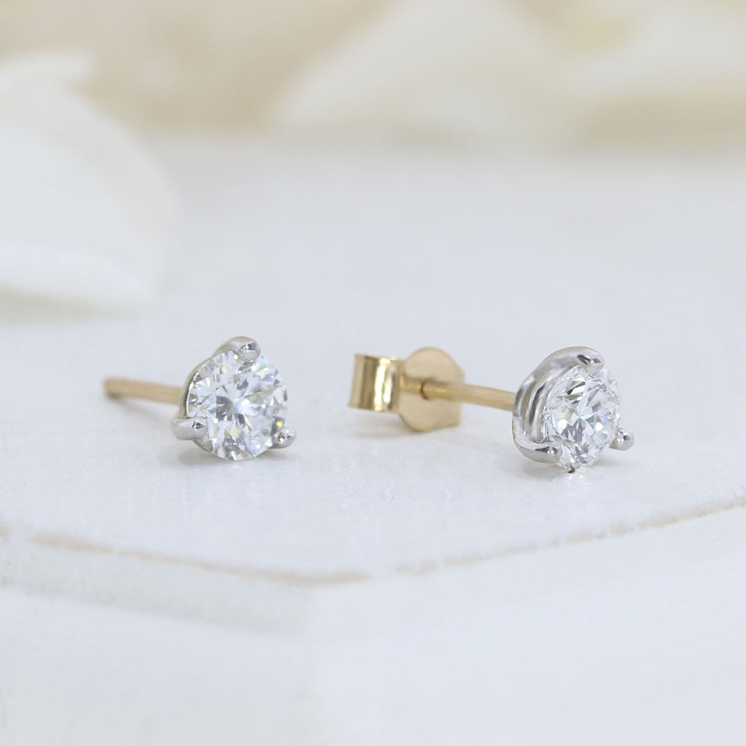 9ct Yellow & White Gold 3 Claw Set Laboratory Grown Diamond Stud Earrings 0.50ct