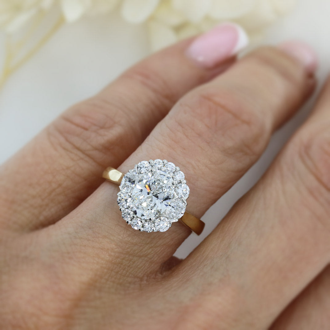 18ct Yellow Gold & Platinum Certified Oval Lab Diamond Cluster Ring Total 2.27ct