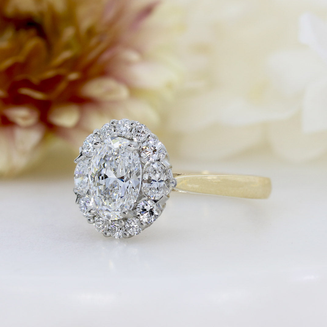 18ct Yellow Gold & Platinum Certified Oval Lab Diamond Cluster Ring Total 2.27ct