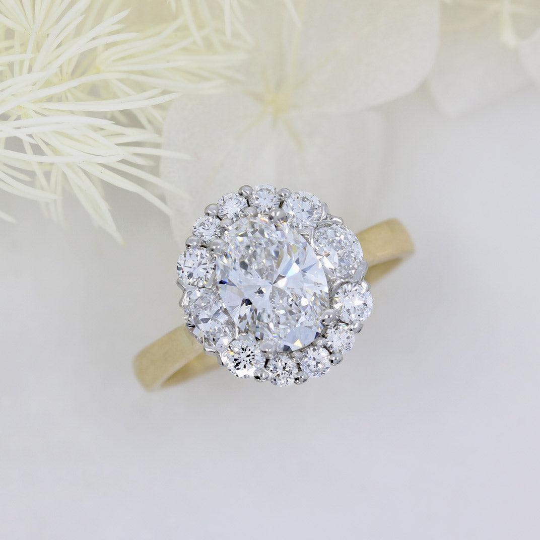 18ct Yellow Gold & Platinum Certified Oval Lab Diamond Cluster Ring Total 2.27ct
