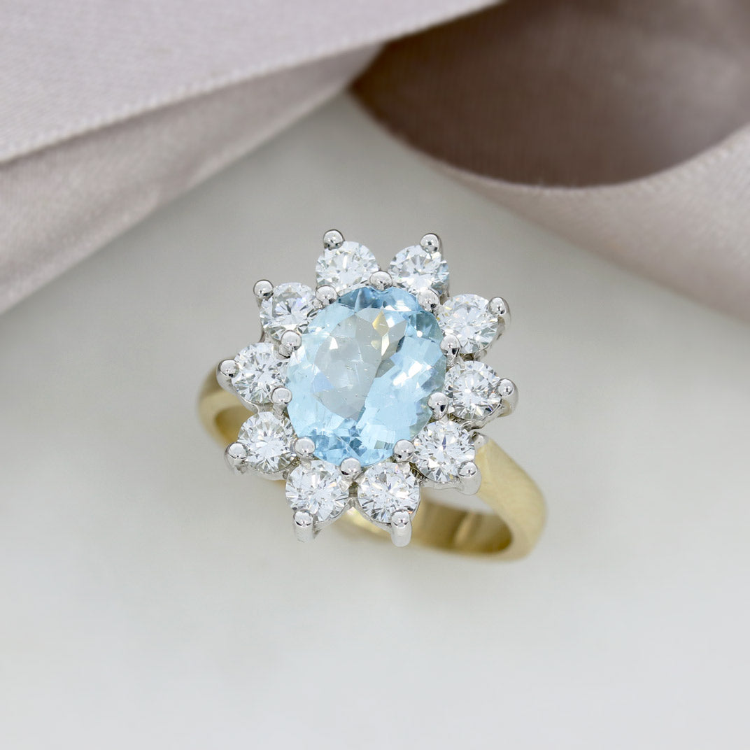 9ct Yellow gold Large Oval Aquamarine & Lab Grown Diamond Cluster Ring