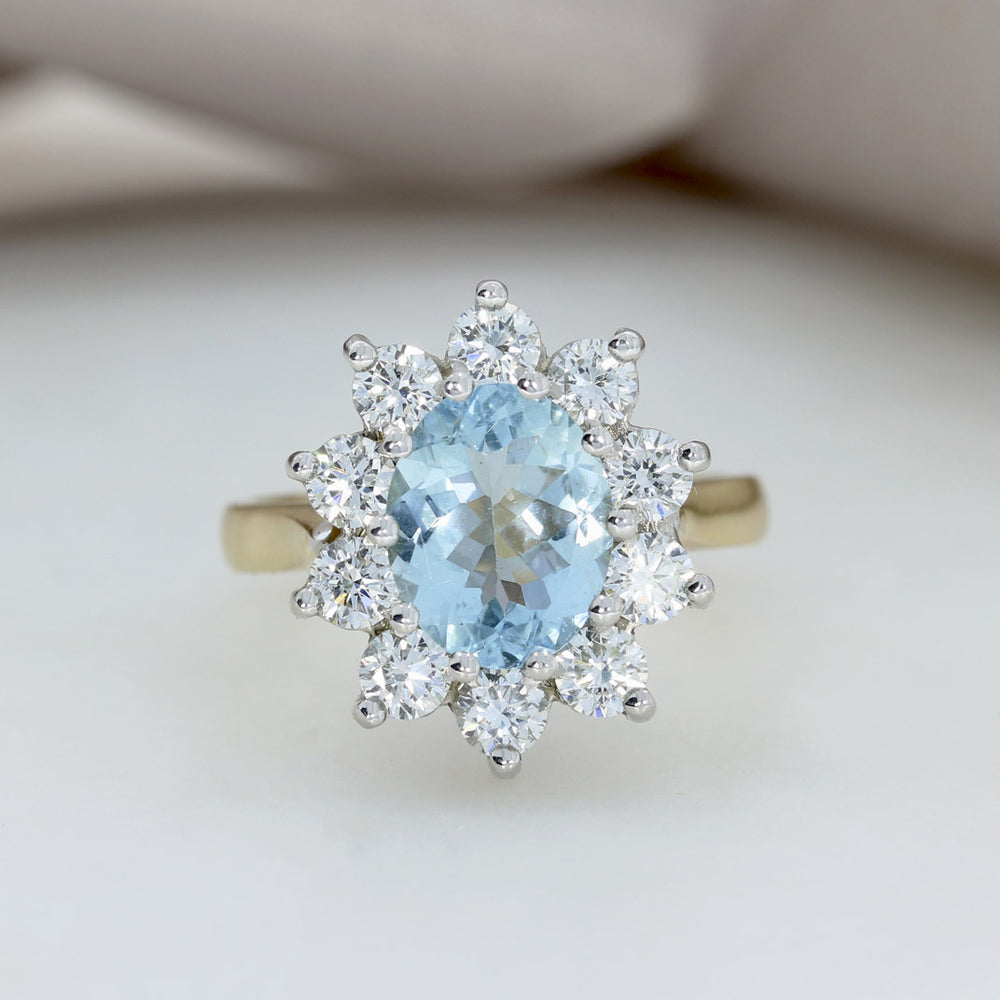 9ct Yellow gold Large Oval Aquamarine & Lab Grown Diamond Cluster Ring