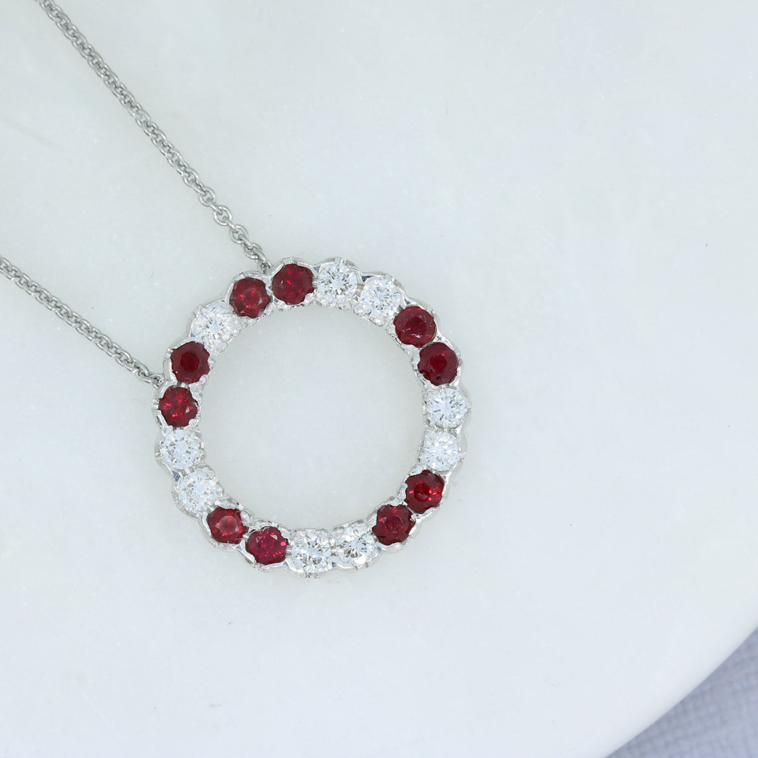 9ct White Gold Ruby & Lab Diamond Circle Pendant & 9ct Chain