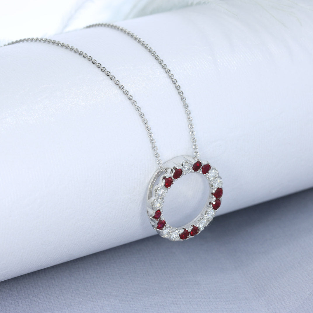 9ct White Gold Ruby & Lab Diamond Circle Pendant & 9ct Chain