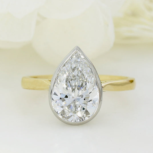 18ct Rubover Set Pear Shape Certified Lab Solitaire Ring 3.02ct D VS1