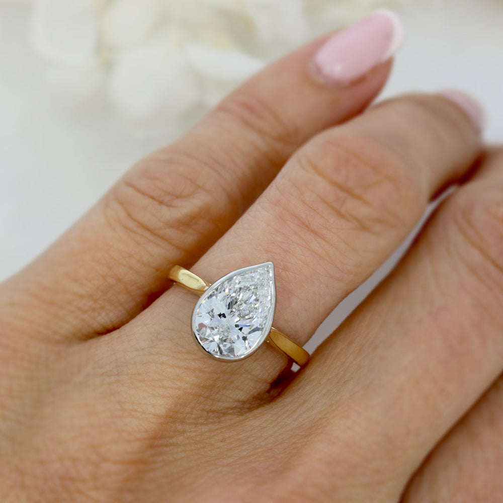 18ct Rubover Set Pear Shape Certified Lab Solitaire Ring 3.02ct D VS1
