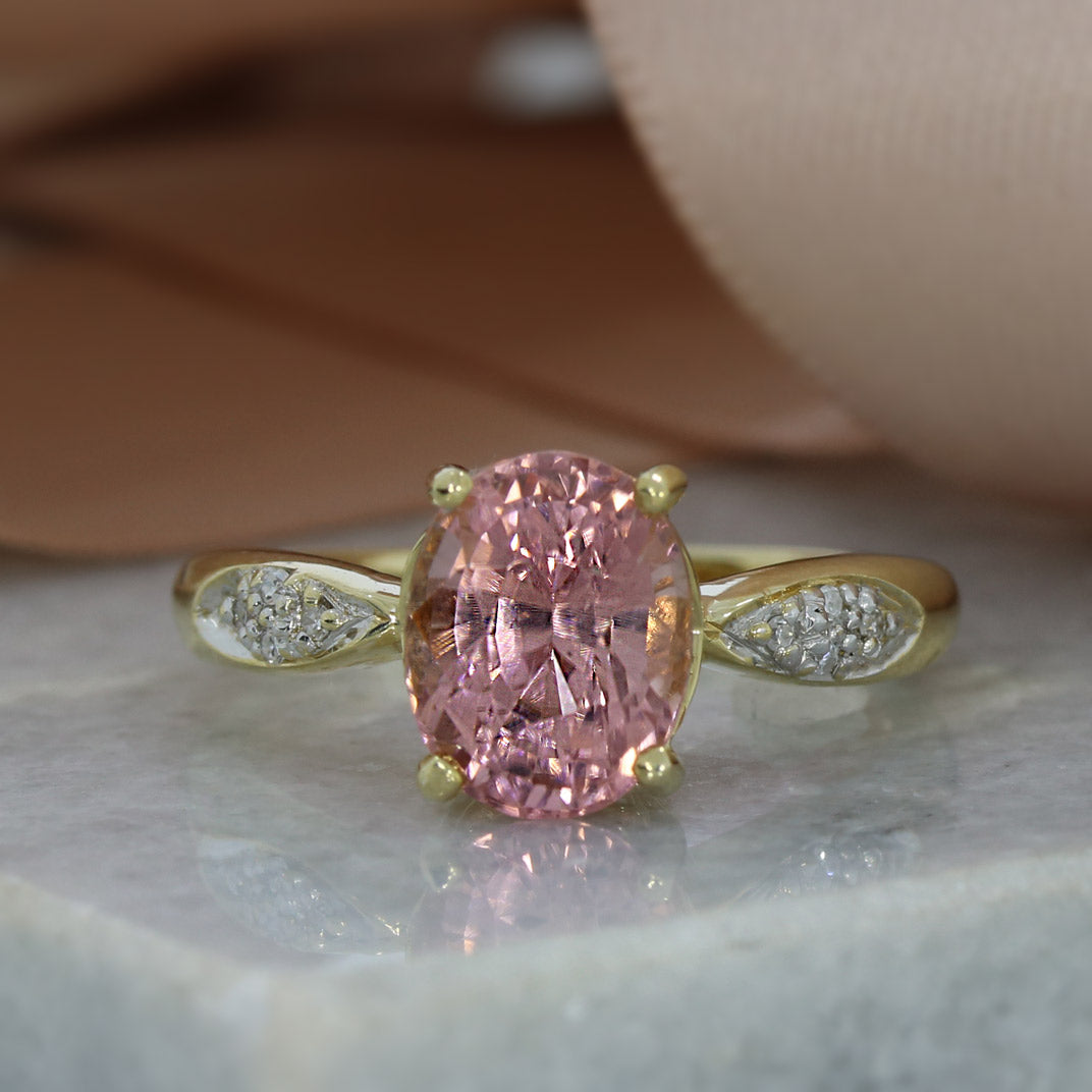 9ct Pink Tourmaline Ring with Pave Set Diamond Shoulders