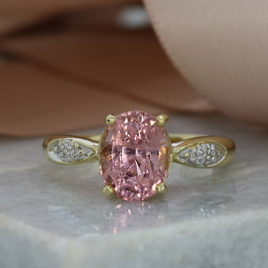 9ct Pink Tourmaline Ring with Pave Set Diamond Shoulders