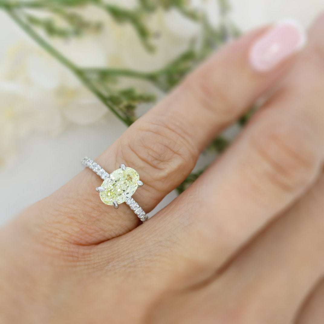 Platinum Certified Fancy Yellow Oval Lab Grown Diamond Solitaire Ring 1.73ct VS1