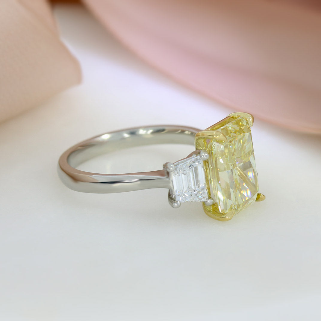 Platinum Certified Fancy Intense Yellow Lab Grown Diamond 3 Stone Ring 5.11ct
