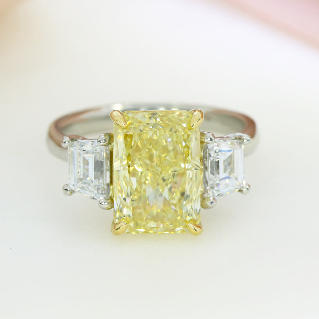 Platinum Certified Fancy Intense Yellow Lab Grown Diamond 3 Stone Ring 5.11ct