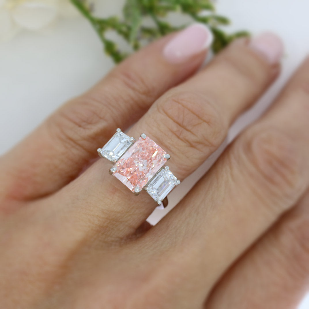 Platinum Certified Rectangular Lab Fancy Vivid Pink & lab Emerald Cut 6.07ct