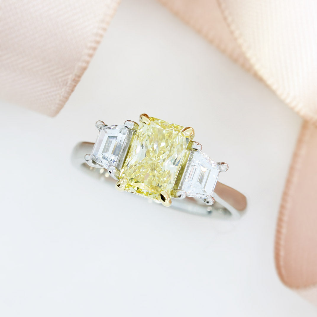 Platinum Certified Fancy Intense Yellow Lab Grown 3 Stone Ring 2.30ct