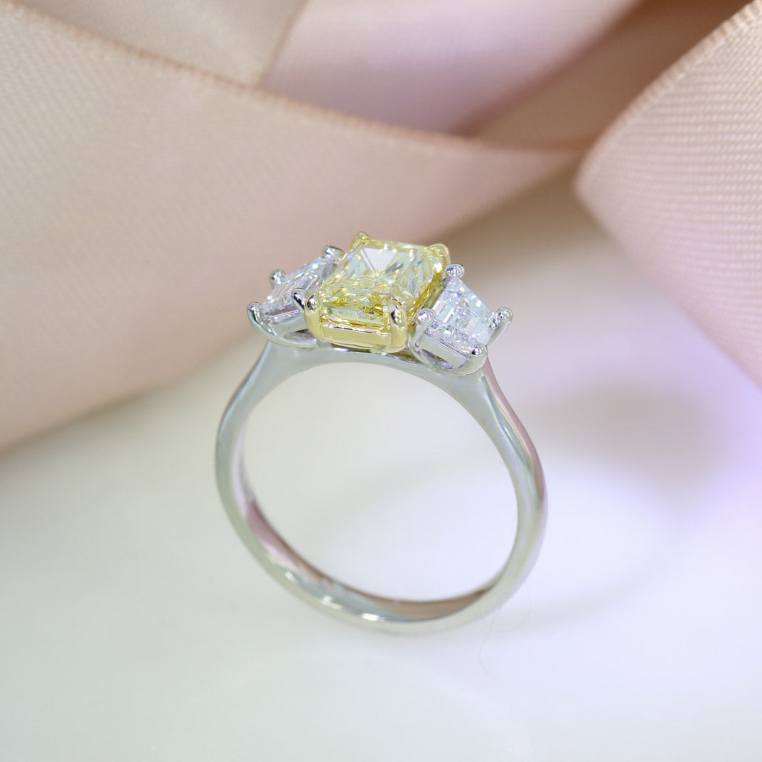 Platinum Certified Fancy Intense Yellow Lab Grown 3 Stone Ring 2.30ct