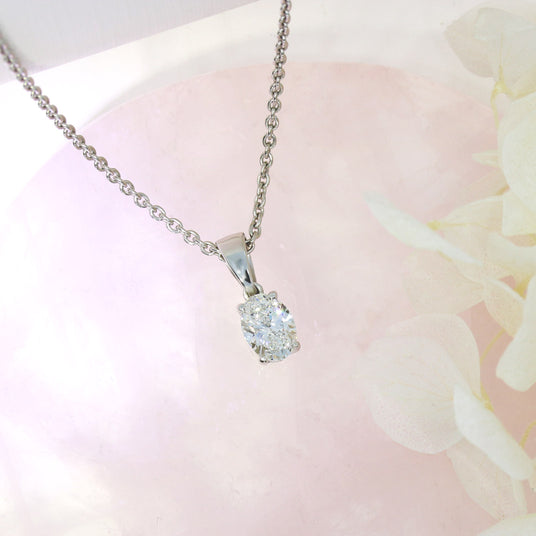 9ct White Gold Oval Lab Diamond Solitaire Pendant 0.73ct 18" chain