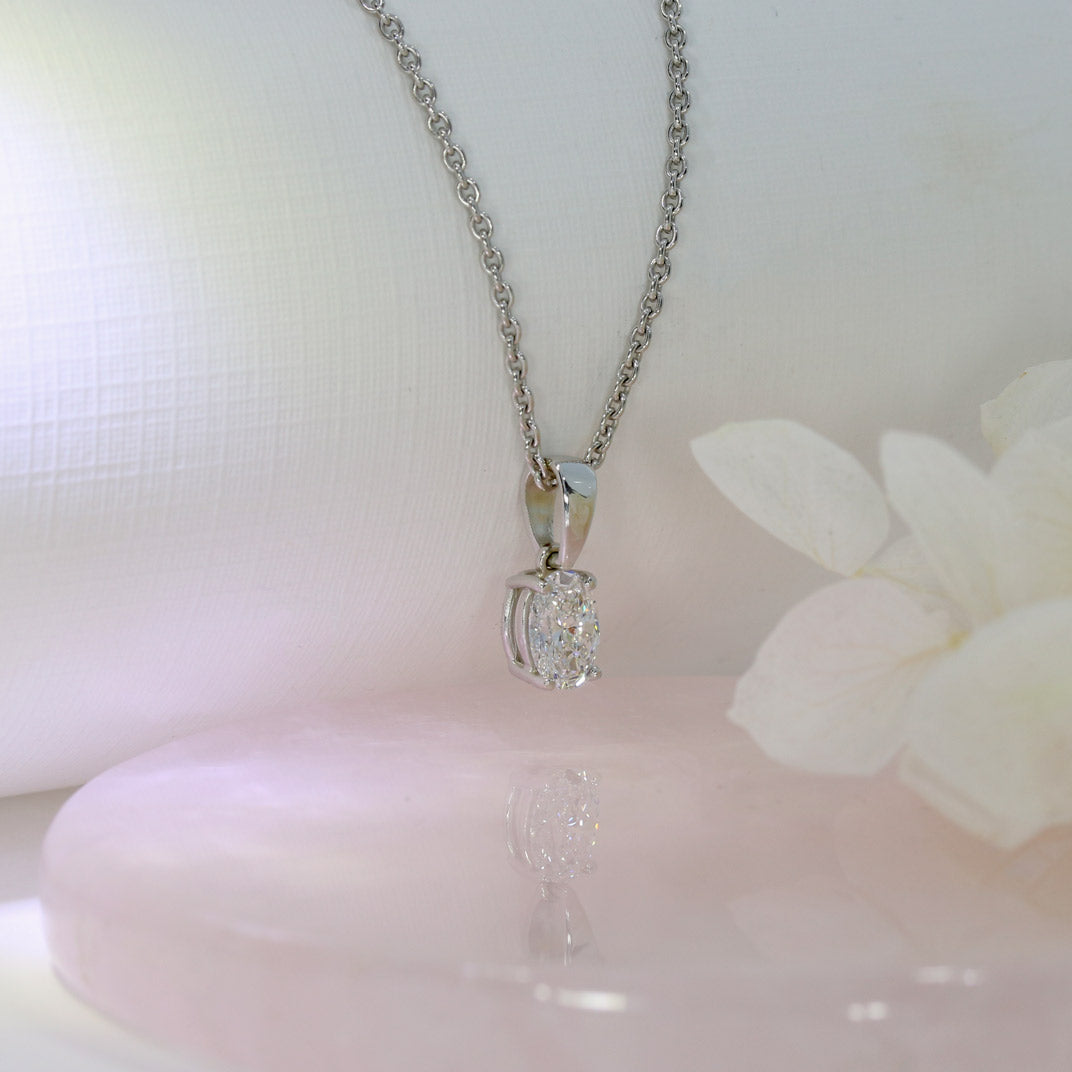 9ct White Gold Oval Lab Diamond Solitaire Pendant 0.73ct 18" chain