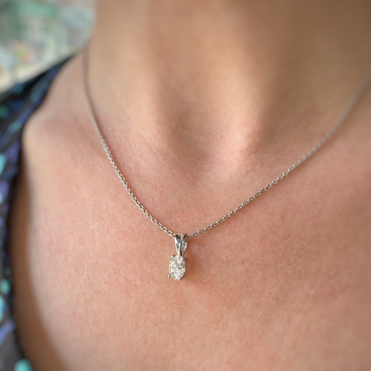 9ct White Gold Oval Lab Diamond Solitaire Pendant 0.73ct 18" chain