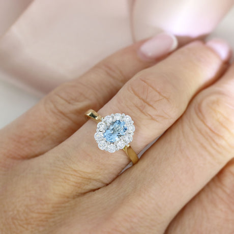 18ct & Platinum Oval Claw Set Aquamarine & Lab Diamond Cluster Ring
