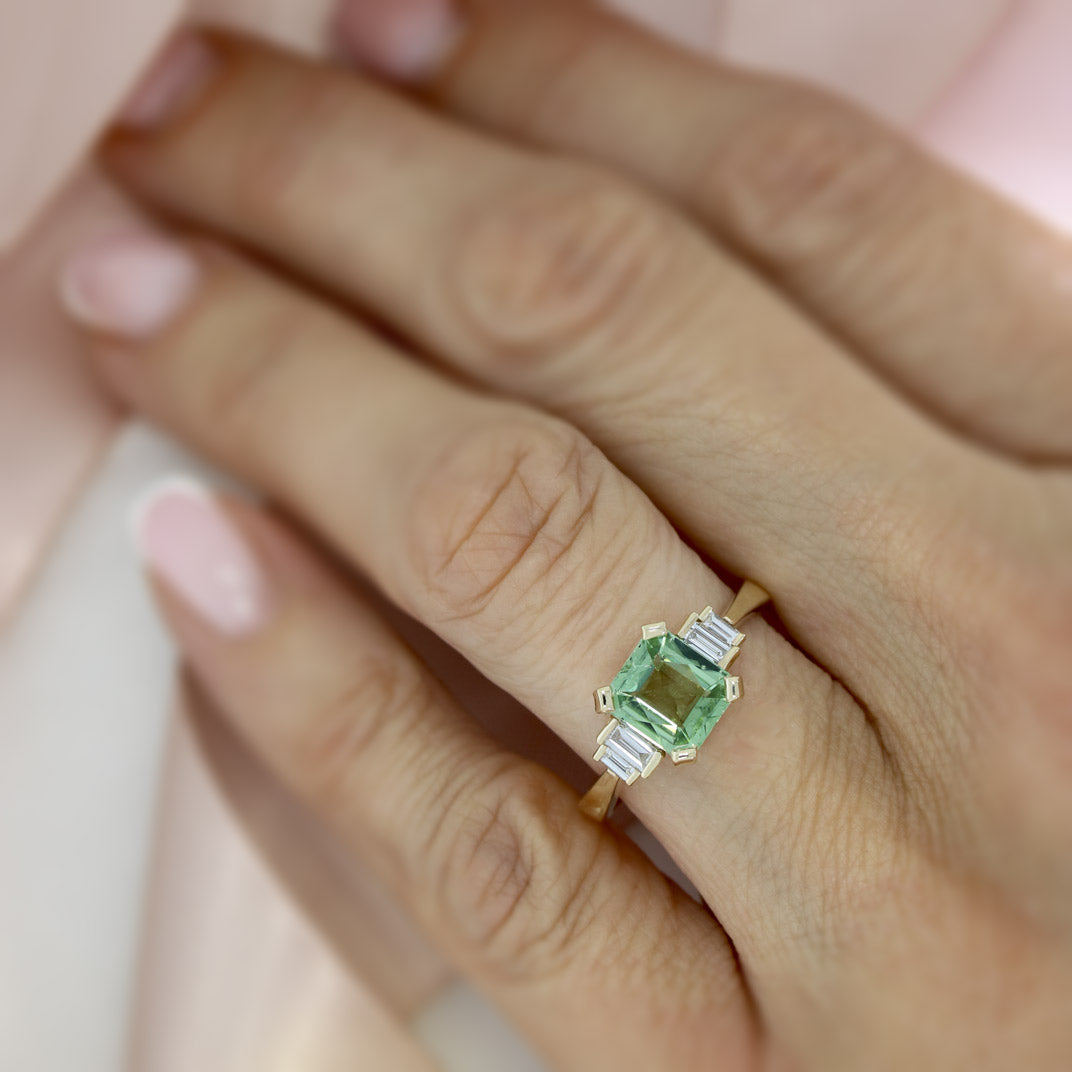 9ct Square Green Tourmaline & Lab Baguette Diamond Ring