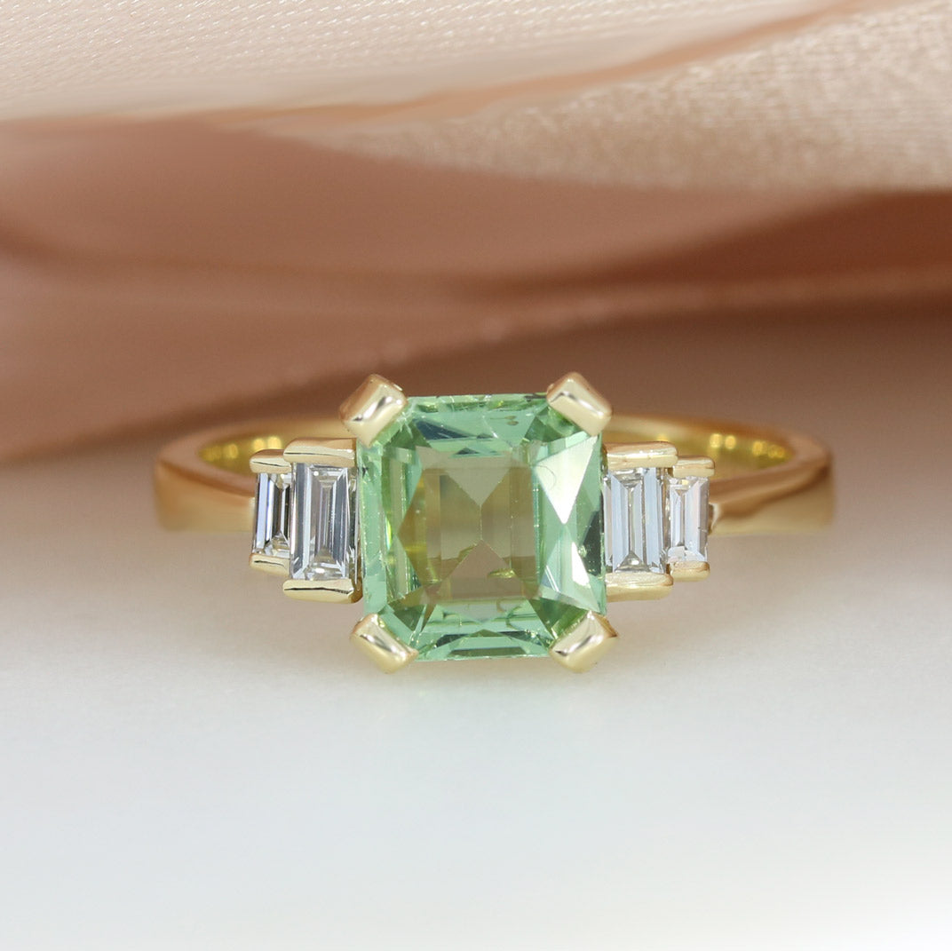 9ct Square Green Tourmaline & Lab Baguette Diamond Ring