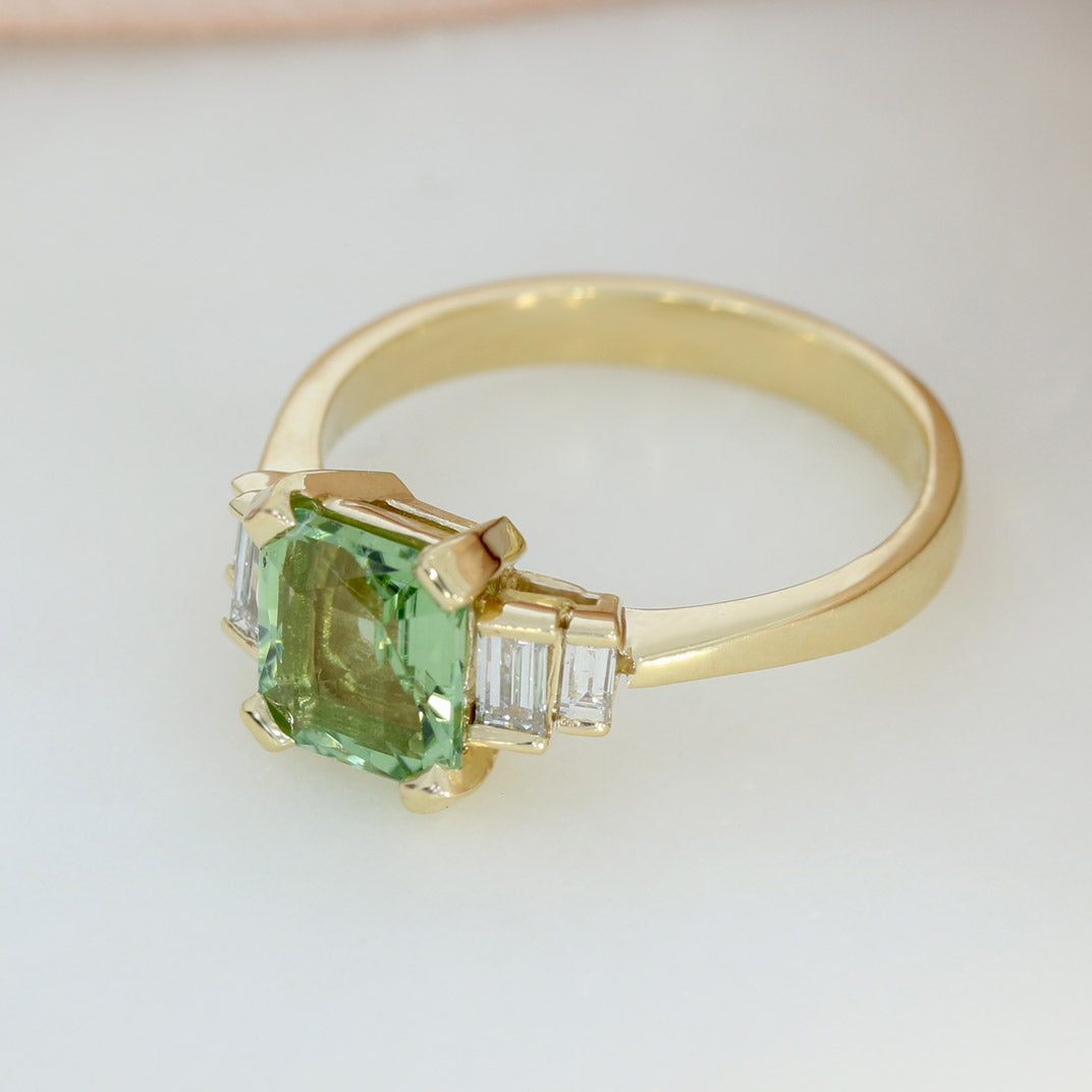 9ct Square Green Tourmaline & Lab Baguette Diamond Ring