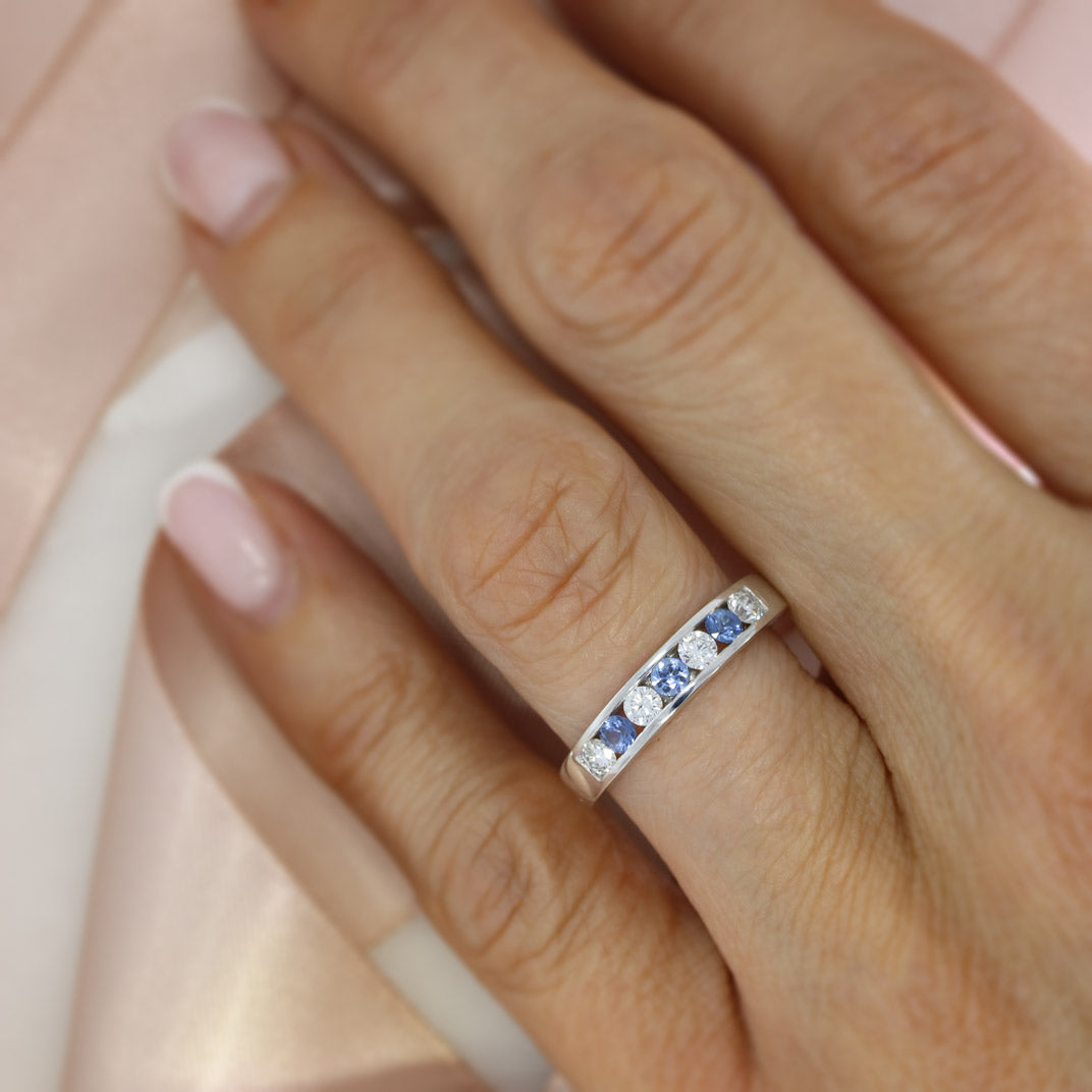 9ct White Gold Channel Set Sapphire & Lab Diamond Eternity Ring