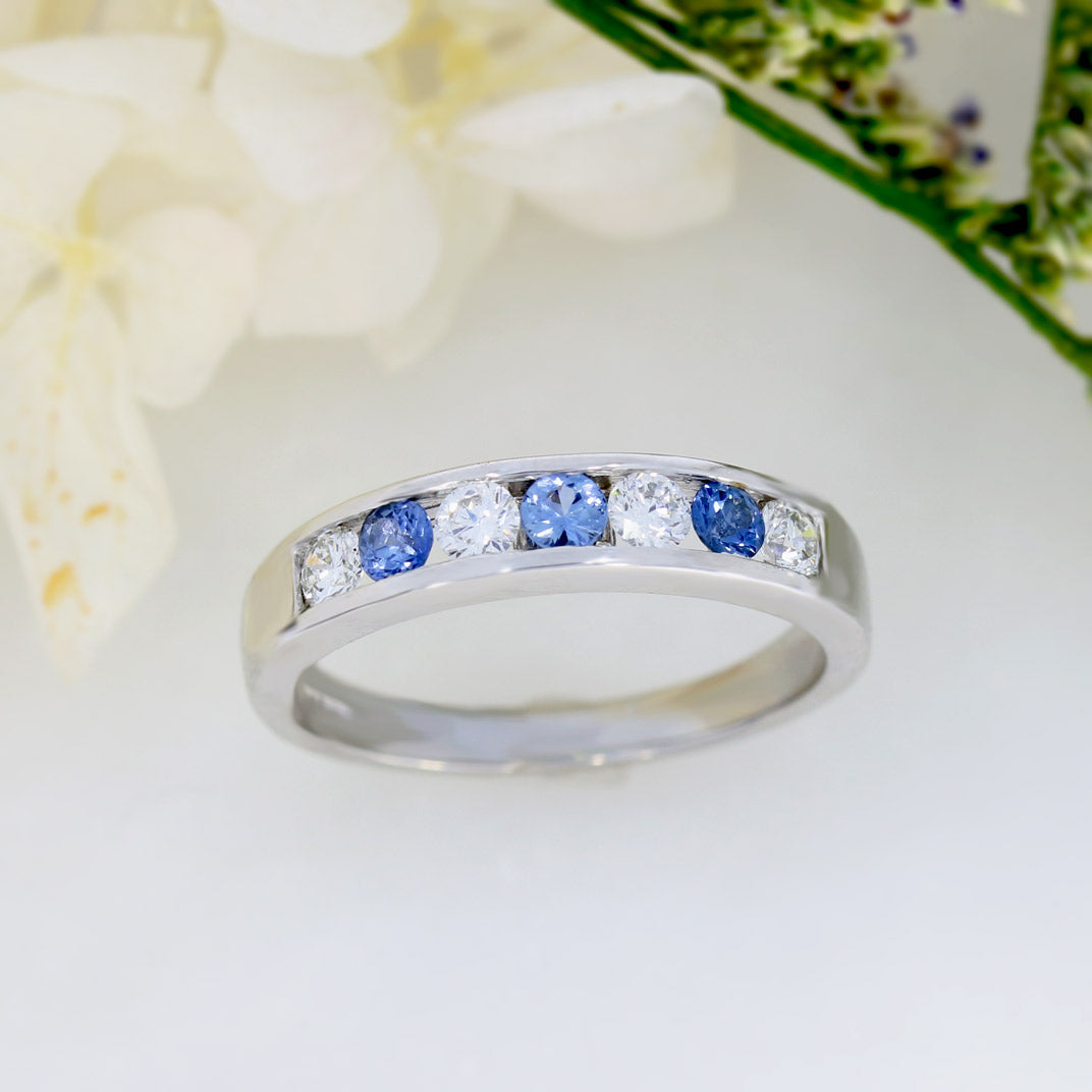 9ct White Gold Channel Set Sapphire & Lab Diamond Eternity Ring