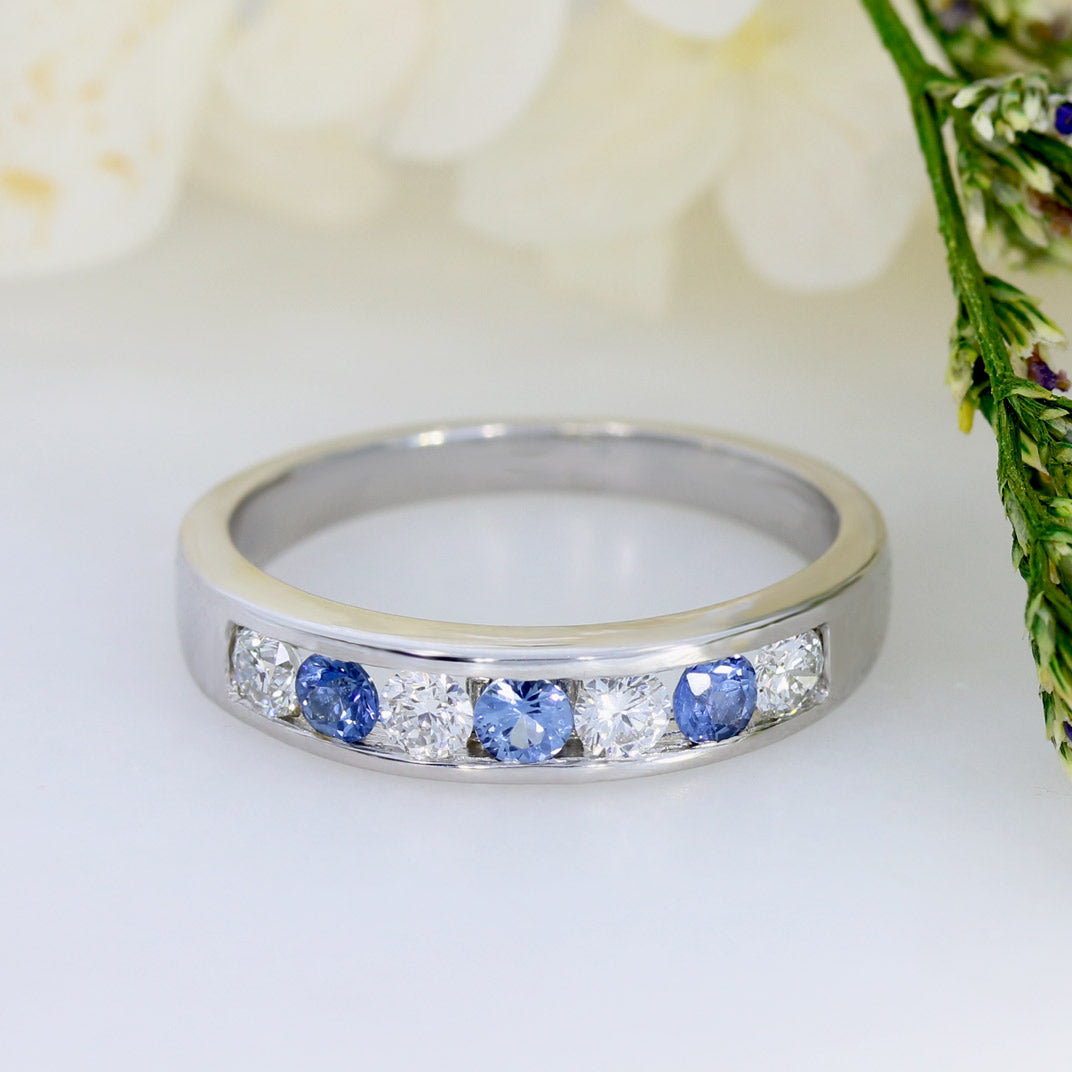 9ct White Gold Channel Set Sapphire & Lab Diamond Eternity Ring