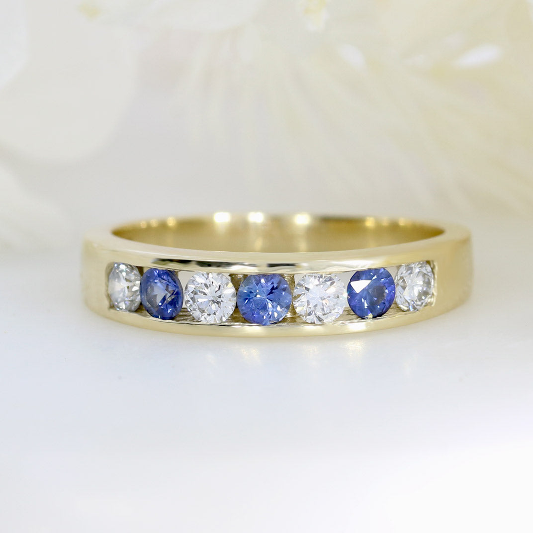 9ct Yellow Gold Channel Set Sapphire & Lab Diamond Eternity Ring
