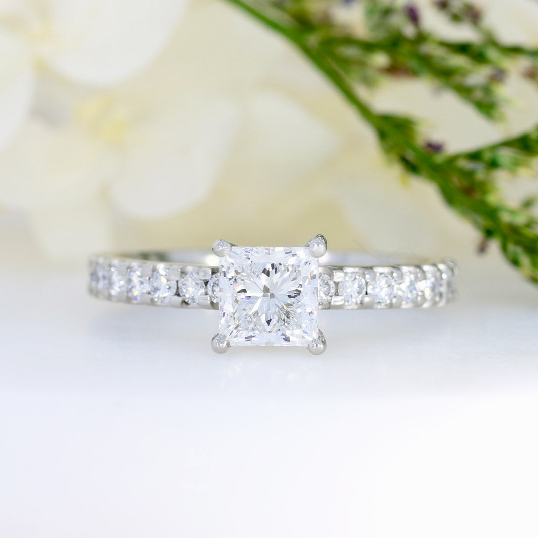 Platinum Princess Cut Lab Diamond Solitaire with Stone Set Shoulders 1.32ct